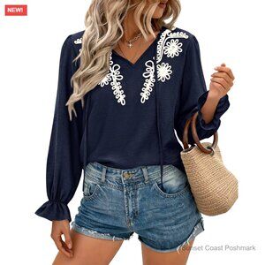 V Neck Ruffle Long Sleeve Blouse Floral Embroidered Boho Work Business